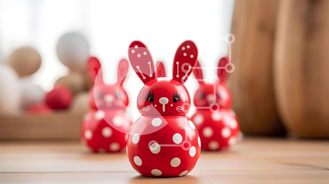 Intra Συλλεκτικό Ξύλινο Παζλ Plywood  4mm - Κόκκινα ειδώλια λαγουδάκι σε ξύλινο τραπέζι για πασχαλινή επίδειξη Σε Ξύλινο Κουτί - Διαστάσεις: 10x10 cm – 25 κομμάτια