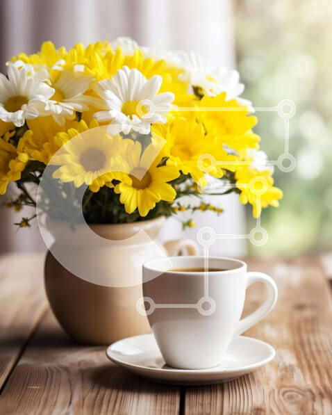 Σετ των 2 Intra Συλλεκτικό Ξύλινο Παζλ Plywood  4mm - Φλιτζάνι καφέ με μαργαρίτες σε παλιό ξύλινο τραπέζι Σε Ξύλινο Κουτί - Διαστάσεις: 10x10 cm – 25 κομμάτια