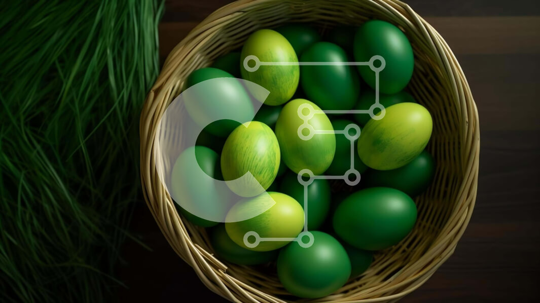 Intra Συλλεκτικό Ξύλινο Παζλ Plywood  4mm - Πράσινα Πασχαλινά αυγά στο ψάθινο καλάθι στο γρασίδι Σε Ξύλινο Κουτί - Διαστάσεις: 10x10 cm – 25 κομμάτια