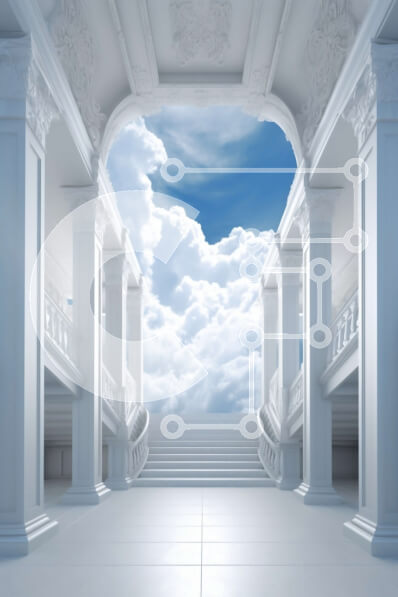 Intra Συλλεκτικό Ξύλινο Παζλ Plywood  4mm - Μεγάλη Λευκή Μαρμάρινη Σκάλα που οδηγεί στα Σύννεφα Σε Ξύλινο Κουτί - Διαστάσεις Puzzle: 10x10 cm – 25 κομμάτια