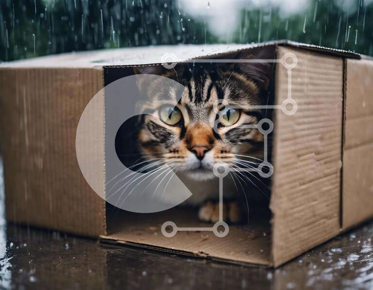 Σετ των 2 Intra Συλλεκτικό Ξύλινο Παζλ Plywood  4mm - Τιγρέ γάτα που κάθεται στο χάρτινο κουτί στη βροχή Σε Ξύλινο Κουτί - Διαστάσεις: 10x10 cm – 25 κομμάτια