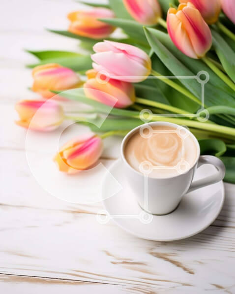 Σετ των 2 Intra Συλλεκτικό Ξύλινο Παζλ Plywood  4mm - Φλιτζάνι καφέ και τουλίπες σε ξύλινο τραπέζι Σε Ξύλινο Κουτί - Διαστάσεις: 10x10 cm – 25 κομμάτια