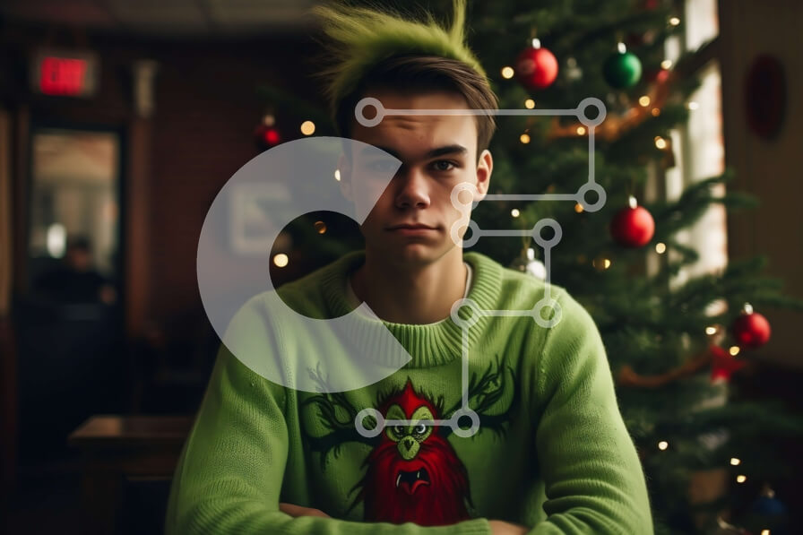 Intra Συλλεκτικό Ξύλινο Παζλ Plywood  4mm - Εορταστικός νεαρός άνδρας με χριστουγεννιάτικο πουλόβερ με φόντο δέντρου Σε Ξύλινο Κουτί - Διαστάσεις: 10x10 cm – 25 κομμάτια