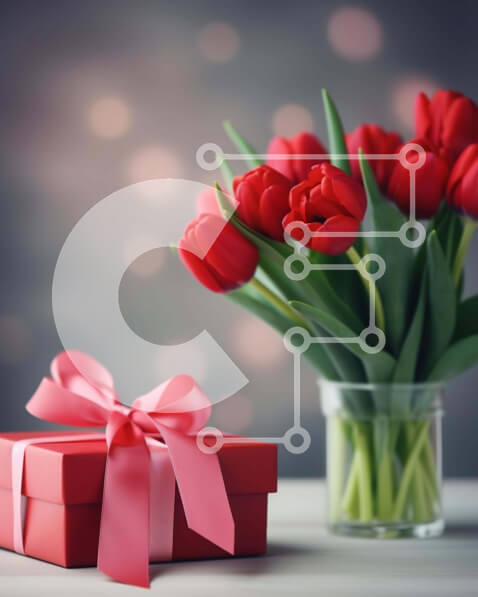 Intra Συλλεκτικό Ξύλινο Παζλ Plywood  4mm - Κόκκινες τουλίπες και κουτί δώρου για εορταστικές περιστάσεις Σε Ξύλινο Κουτί - Διαστάσεις: 10x10 cm – 25 κομμάτια