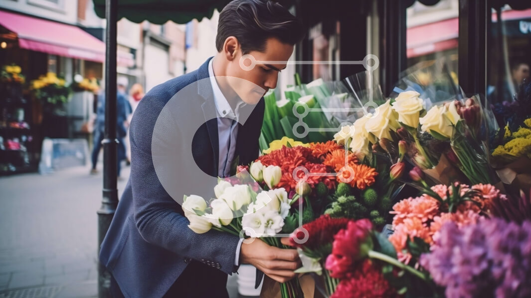 Intra Συλλεκτικό Ξύλινο Παζλ Plywood  4mm - Άνδρας με κοστούμι και γραβάτα που θαυμάζει την επίδειξη ανθοπωλείου Σε Ξύλινο Κουτί - Διαστάσεις Puzzle: 10x10 cm – 25 κομμάτια