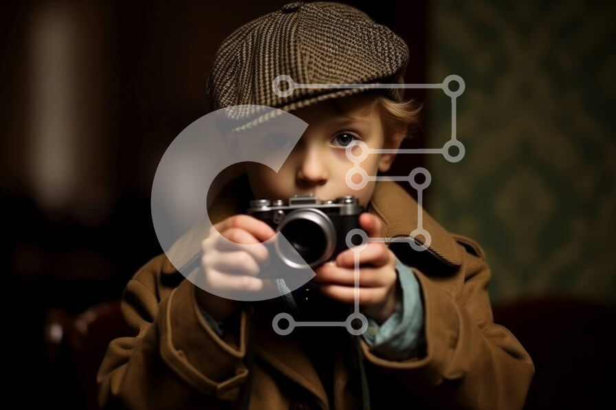 Intra Συλλεκτικό Ξύλινο Παζλ Plywood  4mm - Vintage κάμερα ντυμένο αγόρι με καμπαρντίνα και καπέλο Fedora Σε Ξύλινο Κουτί - Διαστάσεις Puzzle: 10x10 cm – 25 κομμάτια