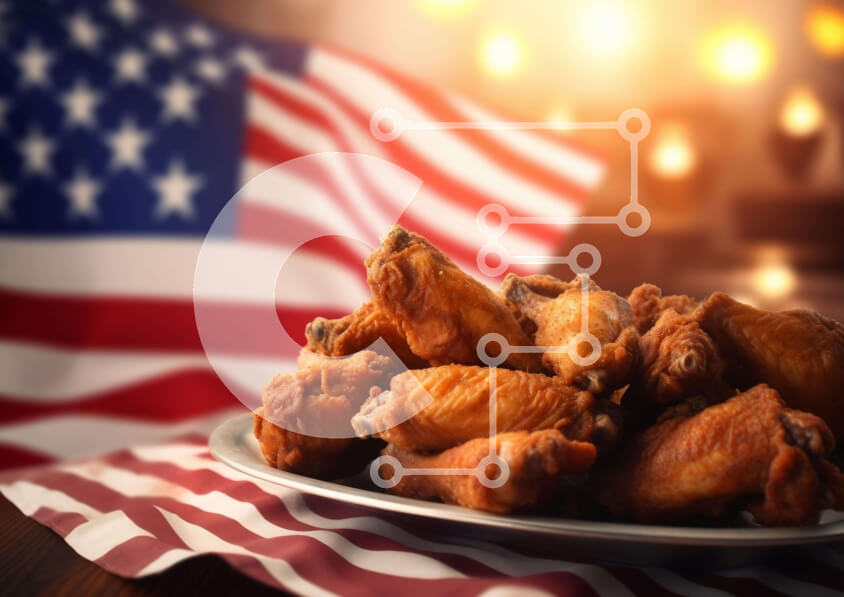 Σετ των 2 Intra Συλλεκτικό Ξύλινο Παζλ Plywood  4mm - Πιάτο με φτερά κοτόπουλου σε φόντο αμερικανικής σημαίας Σε Ξύλινο Κουτί - Διαστάσεις: 10x10 cm – 25 κομμάτια