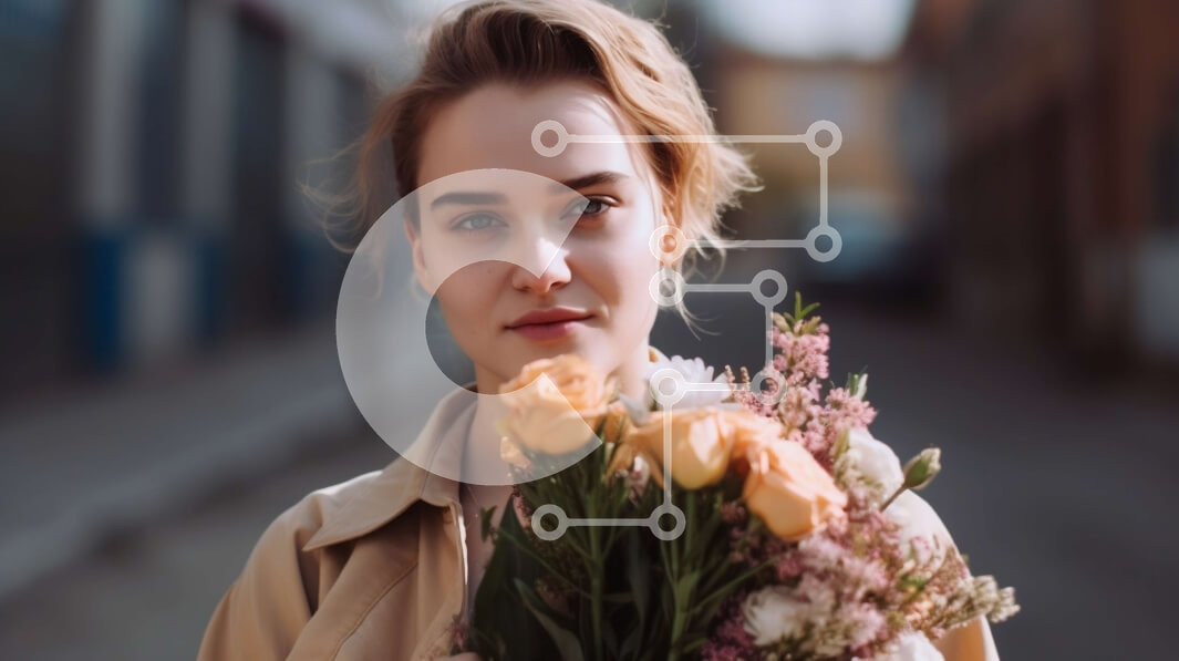 Intra Συλλεκτικό Ξύλινο Παζλ Plywood  4mm - Όμορφη εικόνα μιας νεαρής γυναίκας με λουλούδια σε έναν δρόμο της πόλης Σε Ξύλινο Κουτί - Διαστάσεις Puzzle: 10x10 cm – 25 κομμάτια