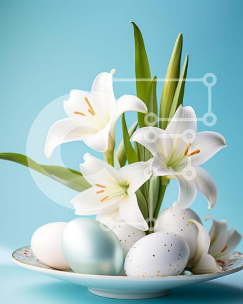 Intra Συλλεκτικό Ξύλινο Παζλ Plywood  4mm - Ανοιξιάτικο πιάτο με λευκούς κρίνους και πασχαλινά αυγά Σε Ξύλινο Κουτί - Διαστάσεις Puzzle: 10x10 cm – 25 κομμάτια