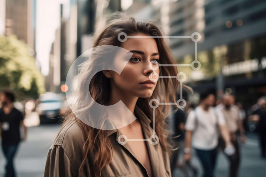 Intra Συλλεκτικό Ξύλινο Παζλ Plywood  4mm - Μπεζ πουκάμισο νεαρή γυναίκα που στέκεται σε έναν πολυσύχναστο δρόμο της πόλης Σε Ξύλινο Κουτί - Διαστάσεις Puzzle: 10x10 cm – 25 κομμάτια