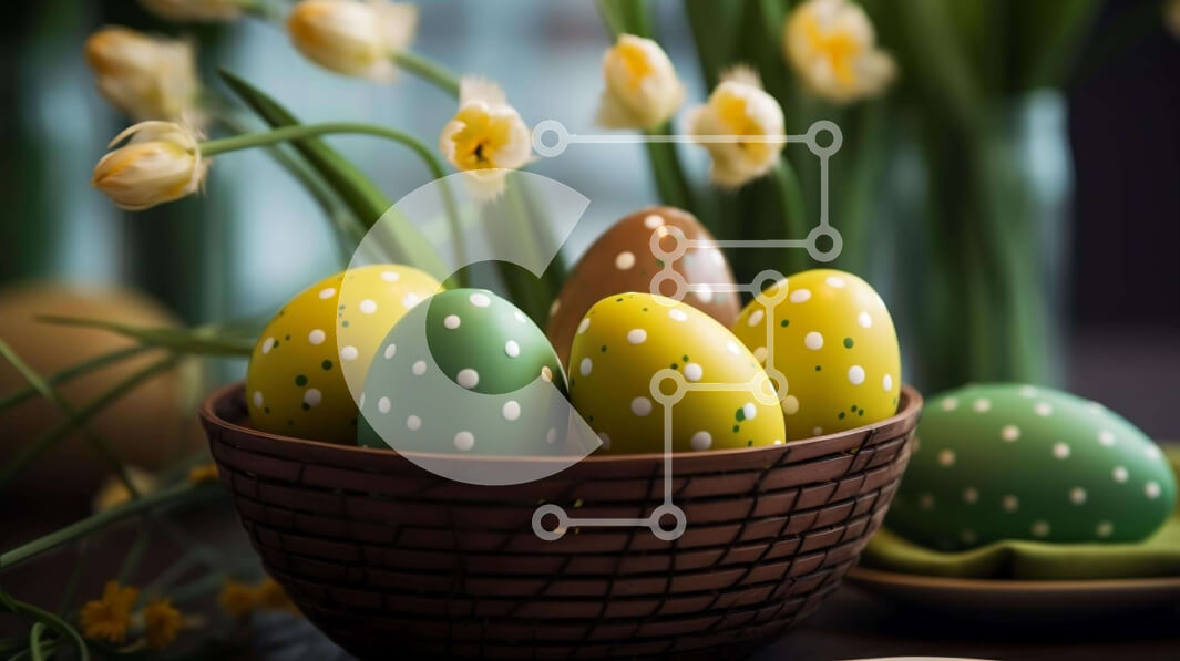 Intra Συλλεκτικό Ξύλινο Παζλ Plywood  4mm - Πολύχρωμα Πασχαλινά αυγά σε καφέ μπολ με νάρκισσους και τουλίπες Σε Ξύλινο Κουτί - Διαστάσεις: 10x10 cm – 25 κομμάτια