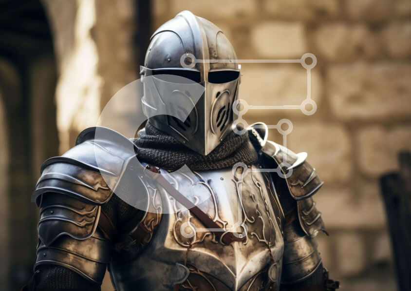 Intra Συλλεκτικό Ξύλινο Παζλ Plywood  4mm - Άτομο με ασημένια πανοπλία που στέκεται μπροστά από το παλιό κτίριο Σε Ξύλινο Κουτί - Διαστάσεις Puzzle: 10x10 cm – 25 κομμάτια