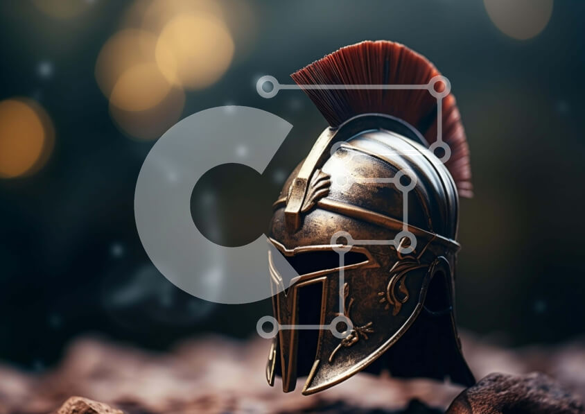 Intra Συλλεκτικό Ξύλινο Παζλ Plywood  4mm - Αρχαίο σπαρτιατικό κράνος με κόκκινο πομπόν σε βράχους και βρωμιά Σε Ξύλινο Κουτί - Διαστάσεις Puzzle: 10x10 cm – 25 κομμάτια