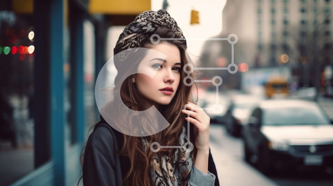 Intra Συλλεκτικό Ξύλινο Παζλ Plywood  4mm - Κομψή νεαρή γυναίκα που κοιτάζει την απόσταση στην οδό της πόλης Σε Ξύλινο Κουτί - Διαστάσεις Puzzle: 10x10 cm – 25 κομμάτια