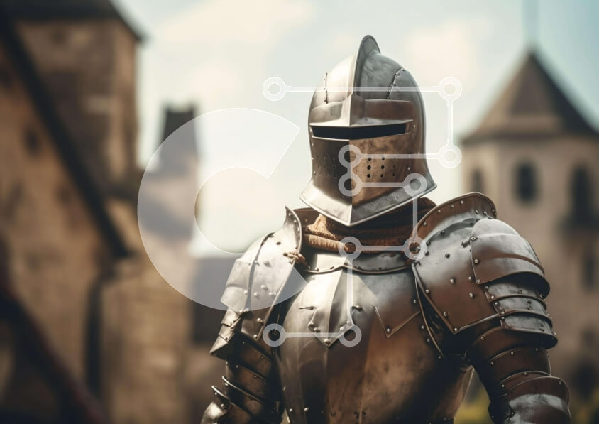 Intra Συλλεκτικό Ξύλινο Παζλ Plywood  4mm - Μεσαιωνικός ιππότης με πανοπλία που στέκεται μπροστά από το παλιό κτίριο ή το κάστρο Σε Ξύλινο Κουτί - Διαστάσεις Puzzle: 10x10 cm – 25 κομμάτια