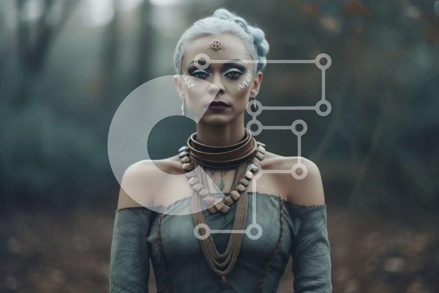 Intra Συλλεκτικό Ξύλινο Παζλ Plywood  4mm - Μεσαιωνική γοτθική γυναίκα με μπλε μαλλιά και κολιέ κρανίου σε ένα μυστηριώδες δάσος Σε Ξύλινο Κουτί - Διαστάσεις Puzzle: 10x10 cm – 25 κομμάτια