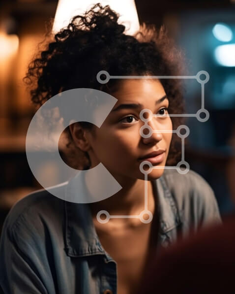 Intra Συλλεκτικό Ξύλινο Παζλ Plywood  4mm - Στοχαστική νεαρή γυναίκα με τζιν πουκάμισο σε ένα αμυδρά φωτισμένο εστιατόριο Σε Ξύλινο Κουτί - Διαστάσεις Puzzle: 10x10 cm – 25 κομμάτια