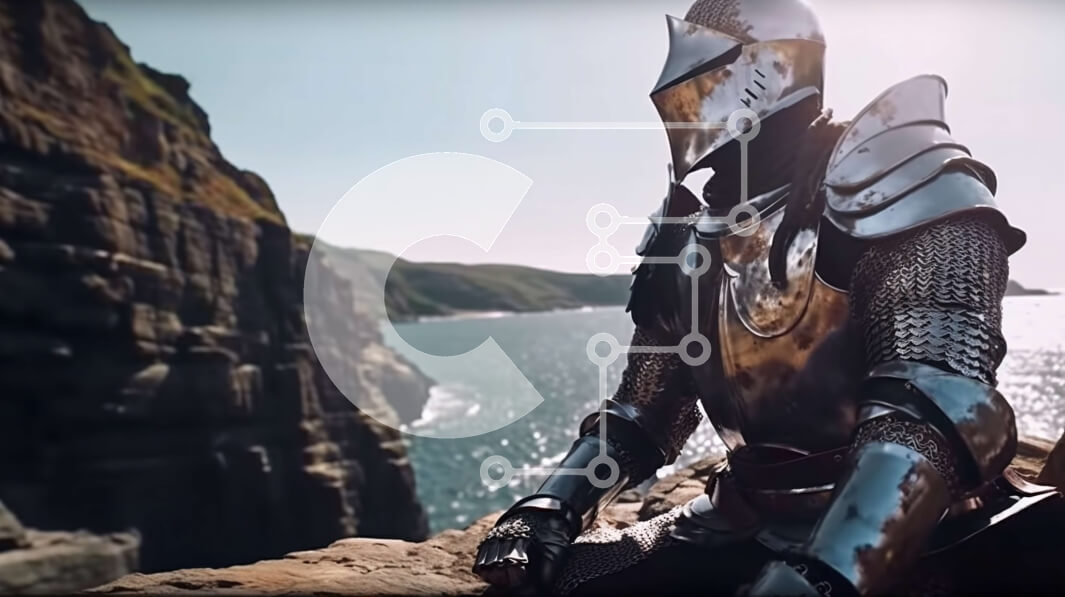 Intra Συλλεκτικό Ξύλινο Παζλ Plywood  4mm - Ιππότης με λαμπερή πανοπλία με σπαθί και κράνος σε γκρεμό με θέα στον ωκεανό Σε Ξύλινο Κουτί - Διαστάσεις Puzzle: 10x10 cm – 25 κομμάτια