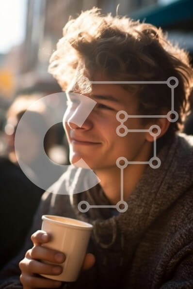 Intra Συλλεκτικό Ξύλινο Παζλ Plywood  4mm - Νεαρός άνδρας που απολαμβάνει τον καφέ του σε έναν πολυσύχναστο δρόμο της πόλης Σε Ξύλινο Κουτί - Διαστάσεις Puzzle: 10x10 cm – 25 κομμάτια