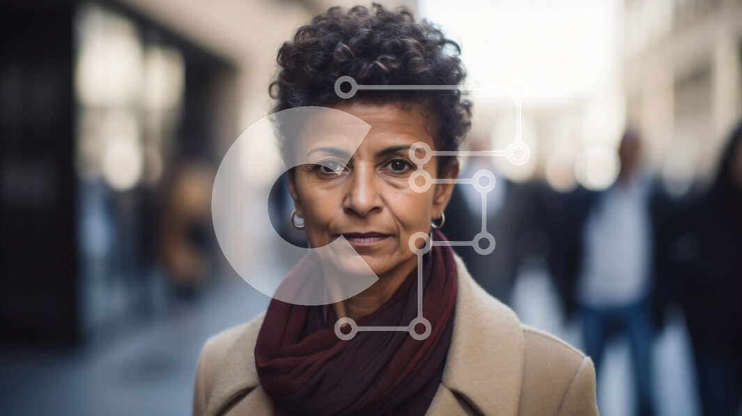 Intra Συλλεκτικό Ξύλινο Παζλ Plywood  4mm - Σοβαρή γυναίκα στην πολυσύχναστη οδό με καφέ παλτό και κόκκινο κασκόλ Σε Ξύλινο Κουτί - Διαστάσεις Puzzle: 10x10 cm – 25 κομμάτια