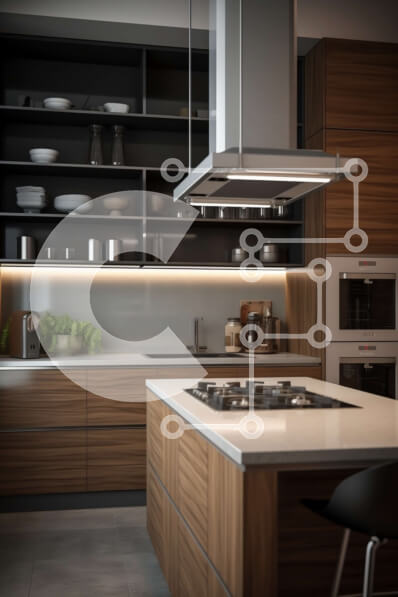 Intra Συλλεκτικό Ξύλινο Παζλ Plywood  4mm - Όμορφη εικόνα μιας μοντέρνας κουζίνας με μαρμάρινο πάγκο και μεγάλο νησί Σε Ξύλινο Κουτί - Διαστάσεις Puzzle: 10x10 cm – 25 κομμάτια