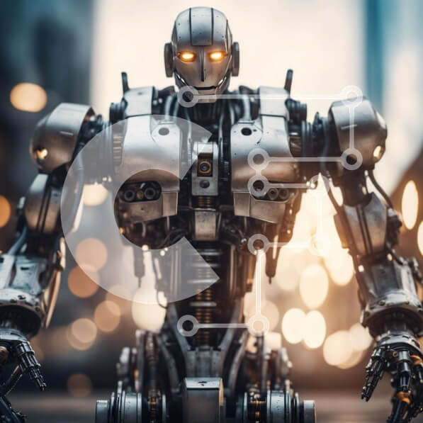 Intra Συλλεκτικό Ξύλινο Παζλ Plywood  4mm - Φουτουριστικό ρομπότ σε αστική περιοχή με φωτισμένα μάτια Σε Ξύλινο Κουτί - Διαστάσεις Puzzle: 10x10 cm – 25 κομμάτια