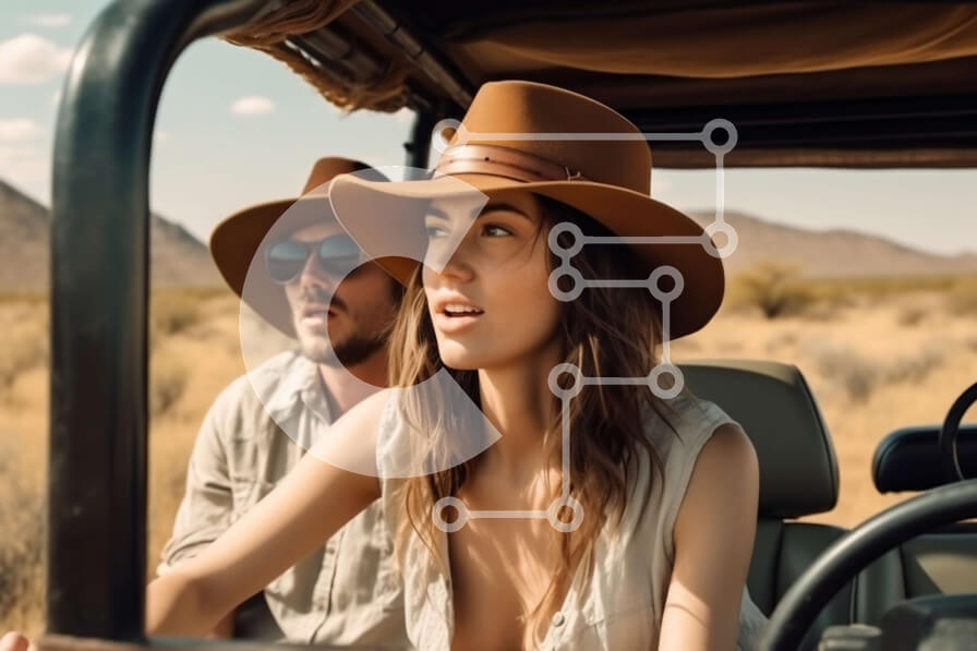 Intra Συλλεκτικό Ξύλινο Παζλ Plywood  4mm - Άνδρας και γυναίκα που οδηγούν το τζιπ στην έρημο και χαμογελούν Σε Ξύλινο Κουτί - Διαστάσεις Puzzle: 10x10 cm – 25 κομμάτια