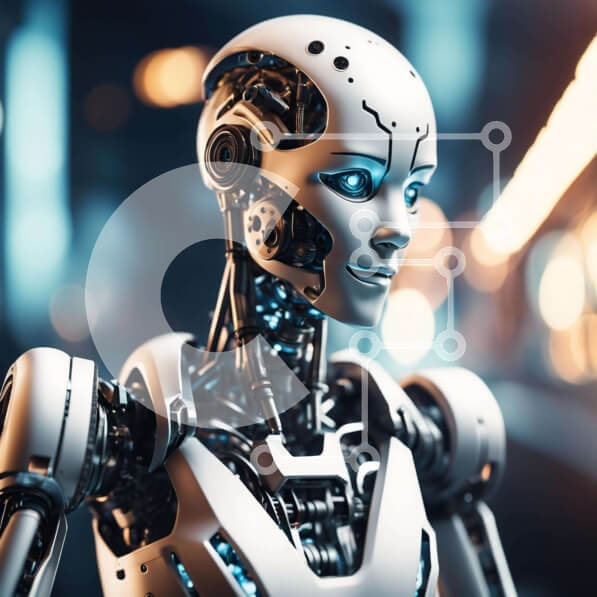 Intra Συλλεκτικό Ξύλινο Παζλ Plywood  4mm - Λευκό ρομπότ με μπλε μάτια μπροστά από το φωτισμένο αστικό τοπίο Σε Ξύλινο Κουτί - Διαστάσεις Puzzle: 10x10 cm – 25 κομμάτια