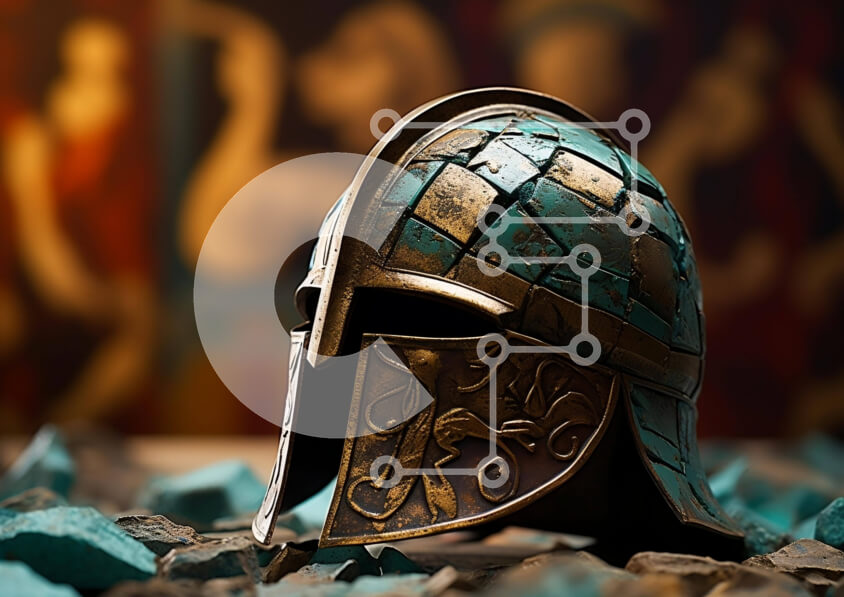 Intra Συλλεκτικό Ξύλινο Παζλ Plywood  4mm - Αρχαίο σπαρτιατικό κράνος σε σπασμένη κεραμική Σε Ξύλινο Κουτί - Διαστάσεις Puzzle: 10x10 cm – 25 κομμάτια