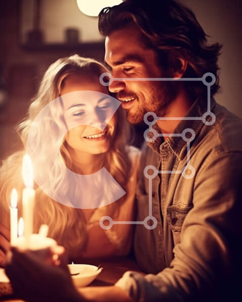 Intra Συλλεκτικό Ξύλινο Παζλ Plywood  4mm - Ρομαντική σκηνή νεαρού ζευγαριού με κερί σε αμυδρά φωτισμένο δωμάτιο Σε Ξύλινο Κουτί - Διαστάσεις Puzzle: 10x10 cm – 25 κομμάτια