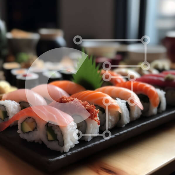 Σετ των 2 Intra Συλλεκτικό Ξύλινο Παζλ Plywood  4mm - Διάφοροι τύποι σούσι σε μαύρο δίσκο με σάλτσα σόγιας και Wasabi στο πλάι Σε Ξύλινο Κουτί - Διαστάσεις: 10x10 cm – 25 κομμάτια