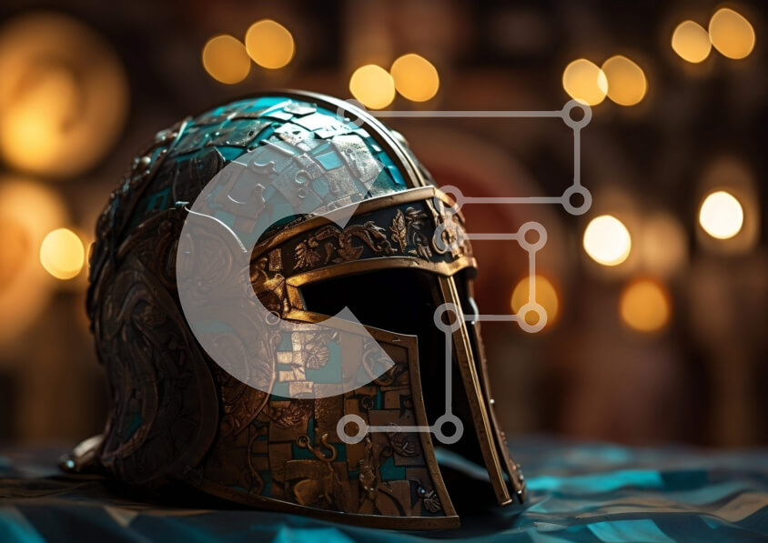 Intra Συλλεκτικό Ξύλινο Παζλ Plywood  4mm - Μπλε και χρυσό κράνος στο τραπέζι με φώτα Σε Ξύλινο Κουτί - Διαστάσεις: 10x10 cm – 25 κομμάτια