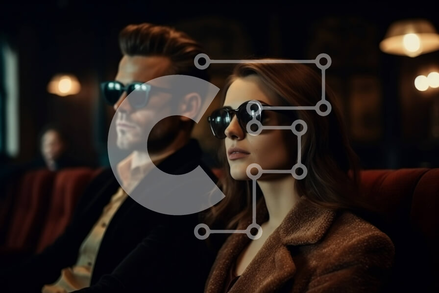 Intra Συλλεκτικό Ξύλινο Παζλ Plywood  4mm - Cool ζευγάρι με γυαλιά ηλίου βλέποντας ταινία στο θέατρο Σε Ξύλινο Κουτί - Διαστάσεις Puzzle: 10x10 cm – 25 κομμάτια