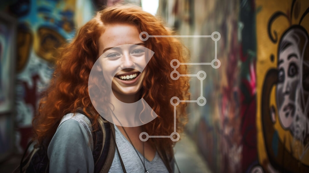 Intra Συλλεκτικό Ξύλινο Παζλ Plywood  4mm - Νεαρή γυναίκα που χαμογελά μπροστά από πολύχρωμο τοίχο γκράφιτι Σε Ξύλινο Κουτί - Διαστάσεις Puzzle: 10x10 cm – 25 κομμάτια