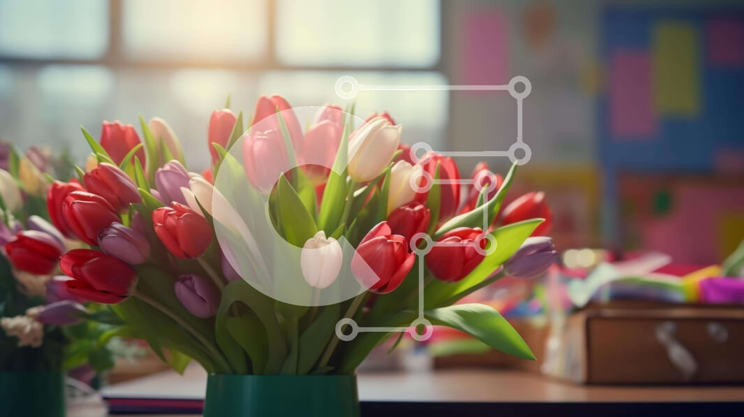 Intra Συλλεκτικό Ξύλινο Παζλ Plywood  4mm - Πολύχρωμες τουλίπες σε πράσινο βάζο με βιβλία Σε Ξύλινο Κουτί - Διαστάσεις Puzzle: 10x10 cm – 25 κομμάτια