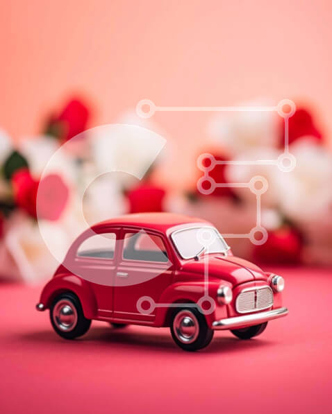 Intra Συλλεκτικό Ξύλινο Παζλ Plywood  4mm - Μικρό κόκκινο παιχνίδι αυτοκίνητο σε ροζ φόντο με τριαντάφυλλα Σε Ξύλινο Κουτί - Διαστάσεις: 10x10 cm – 25 κομμάτια