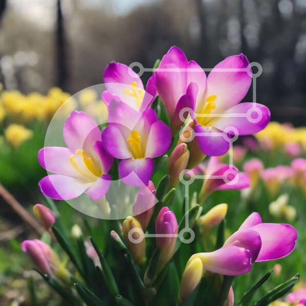 Intra Συλλεκτικό Ξύλινο Παζλ Plywood  4mm - Ανθισμένα μοβ και κίτρινα λουλούδια στο δάσος Σε Ξύλινο Κουτί - Διαστάσεις: 10x10 cm – 25 κομμάτια