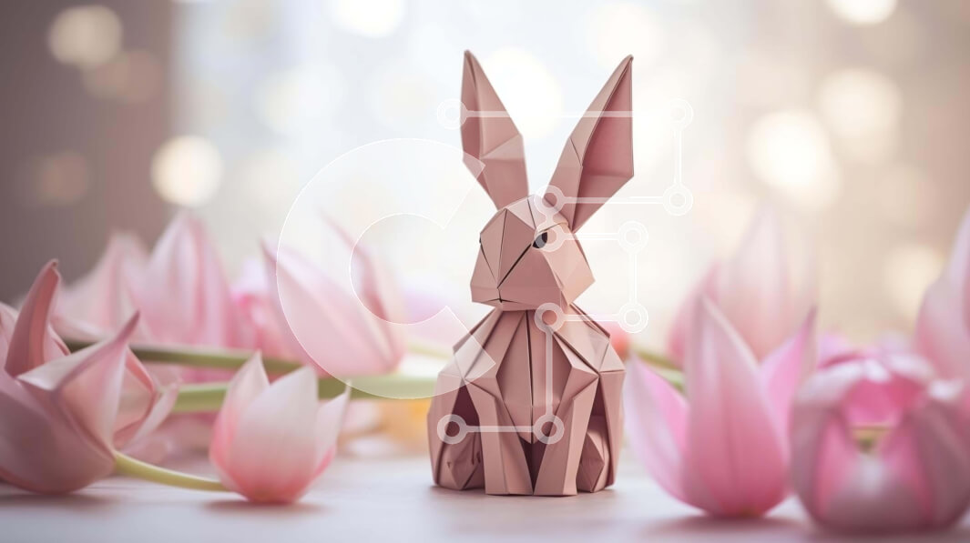 Intra Συλλεκτικό Ξύλινο Παζλ Plywood  4mm - Origami κουνέλι και ροζ τουλίπες Σε Ξύλινο Κουτί - Διαστάσεις Puzzle: 10x10 cm – 25 κομμάτια