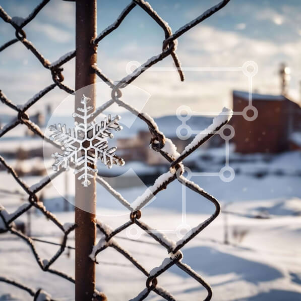 Intra Συλλεκτικό Ξύλινο Παζλ Plywood  4mm - Νιφάδα χιονιού σε φράχτη αλυσίδας με βιομηχανικά κτίρια στο παρασκήνιο Σε Ξύλινο Κουτί - Διαστάσεις Puzzle: 10x10 cm – 25 κομμάτια