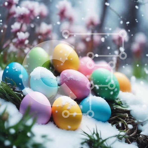 Intra Συλλεκτικό Ξύλινο Παζλ Plywood  4mm - Πολύχρωμα Πασχαλινά αυγά στο χιόνι με λουλούδια και γρασίδι Σε Ξύλινο Κουτί - Διαστάσεις: 10x10 cm – 25 κομμάτια