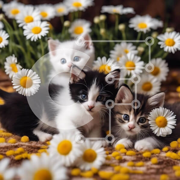 Intra Συλλεκτικό Ξύλινο Παζλ Plywood  4mm - Ασπρόμαυρα γατάκια σε ένα κρεβάτι με μαργαρίτες Σε Ξύλινο Κουτί - Διαστάσεις: 10x10 cm – 25 κομμάτια