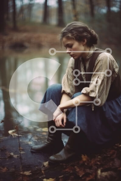 Intra Συλλεκτικό Ξύλινο Παζλ Plywood  4mm - Όμορφη εικόνα μιας νεαρής γυναίκας με φόρεμα εποχής που κάθεται δίπλα σε ένα ποτάμι Σε Ξύλινο Κουτί - Διαστάσεις Puzzle: 10x10 cm – 25 κομμάτια