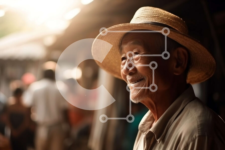 Intra Συλλεκτικό Ξύλινο Παζλ Plywood  4mm - Πολύχρωμο στάβλο αγοράς με ηλικιωμένο Ασιάτη με ψάθινο καπέλο Σε Ξύλινο Κουτί - Διαστάσεις Puzzle: 10x10 cm – 25 κομμάτια