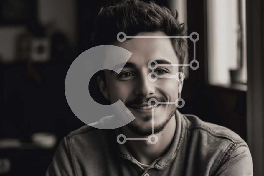 Intra Συλλεκτικό Ξύλινο Παζλ Plywood  4mm - Χαμογελαστός νεαρός άνδρας με μουστάκι και γένια με γκρι πουκάμισο που στέκεται μπροστά από την άποψη της πόλης Σε Ξύλινο Κουτί - Διαστάσεις Puzzle: 10x10 cm – 25 κομμάτια