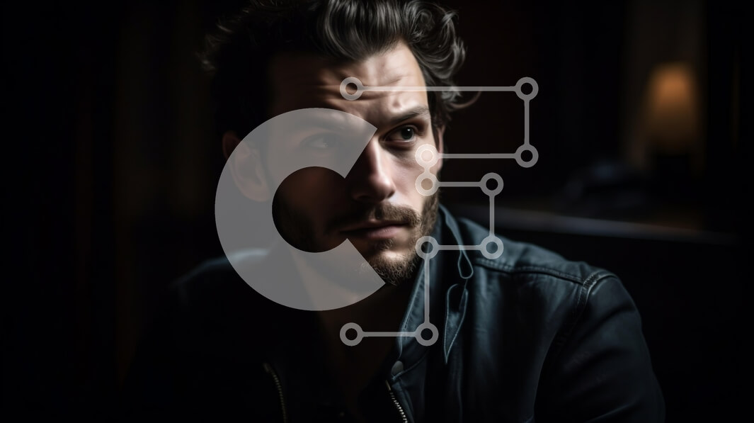 Intra Συλλεκτικό Ξύλινο Παζλ Plywood  4mm - Άνδρας με μαύρο δερμάτινο μπουφάν που φαίνεται σοβαρός και έντονος Σε Ξύλινο Κουτί - Διαστάσεις Puzzle: 10x10 cm – 25 κομμάτια