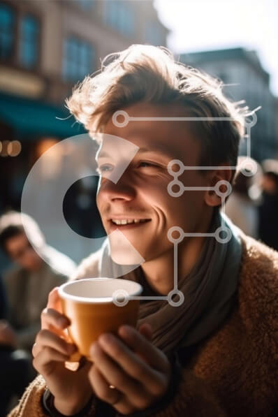 Intra Συλλεκτικό Ξύλινο Παζλ Plywood  4mm - Νεαρός άνδρας που στέκεται στην Πλακόστρωτη οδό με το φλιτζάνι του καφέ στο χέρι Σε Ξύλινο Κουτί - Διαστάσεις Puzzle: 10x10 cm – 25 κομμάτια