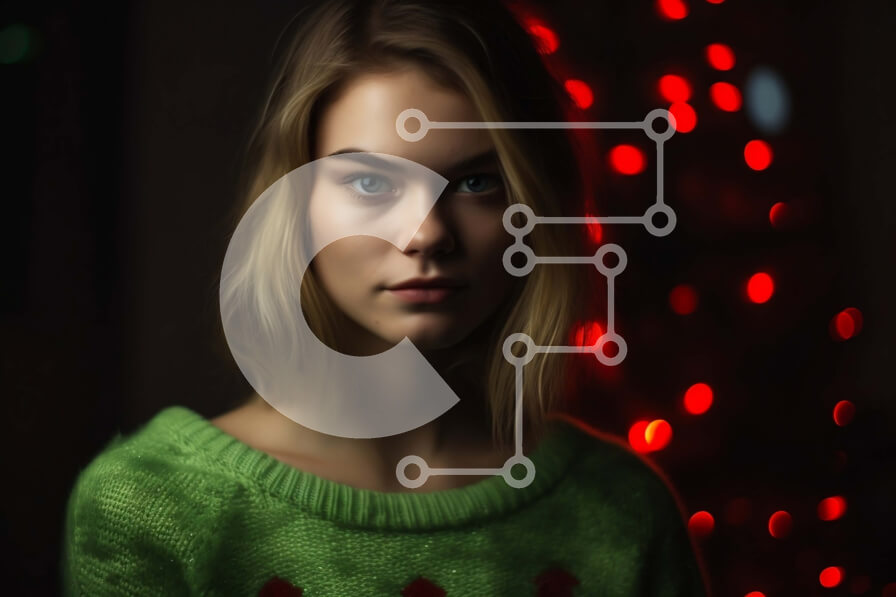 Intra Συλλεκτικό Ξύλινο Παζλ Plywood  4mm - Σοβαρή νεαρή γυναίκα ποζάρει μπροστά από το φωτισμένο χριστουγεννιάτικο δέντρο Σε Ξύλινο Κουτί - Διαστάσεις: 10x10 cm – 25 κομμάτια