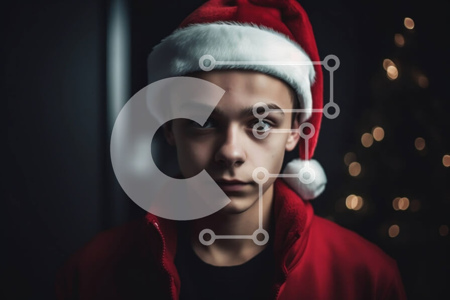 Intra Συλλεκτικό Ξύλινο Παζλ Plywood  4mm - Σοβαρός νεαρός άνδρας που φορά το καπέλο του Άγιου Βασίλη και στέκεται μπροστά από το χριστουγεννιάτικο δέντρο Σε Ξύλινο Κουτί - Διαστάσεις: 10x10 cm – 25 κομμάτια