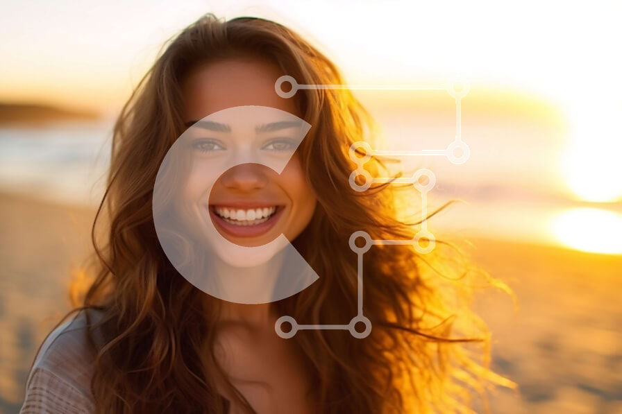 Intra Συλλεκτικό Ξύλινο Παζλ Plywood  4mm - Χαμογελαστή νεαρή γυναίκα με λευκό τοπ και τζιν σορτς στην παραλία στο ηλιοβασίλεμα Σε Ξύλινο Κουτί - Διαστάσεις Puzzle: 10x10 cm – 25 κομμάτια