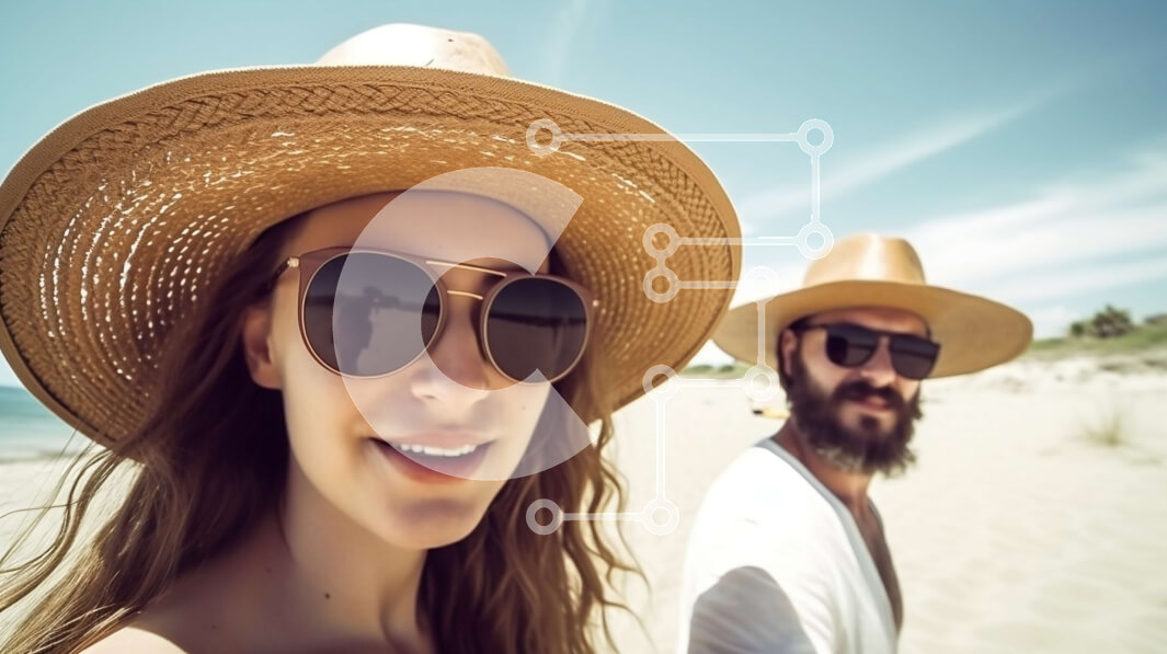 Intra Συλλεκτικό Ξύλινο Παζλ Plywood  4mm - Χαμογελώντας νεαρό ζευγάρι με γυαλιά ηλίου και ψάθινα καπέλα στην παραλία Σε Ξύλινο Κουτί - Διαστάσεις Puzzle: 10x10 cm – 25 κομμάτια